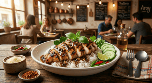 ข้าวหน้าไก่ย่างซอสพริกไทยดำ